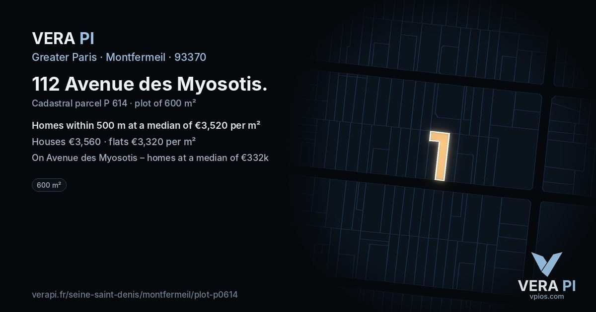 112 Avenue des Myosotis, Montfermeil at night – the plot lit, the parcels around coloured by the prices near them