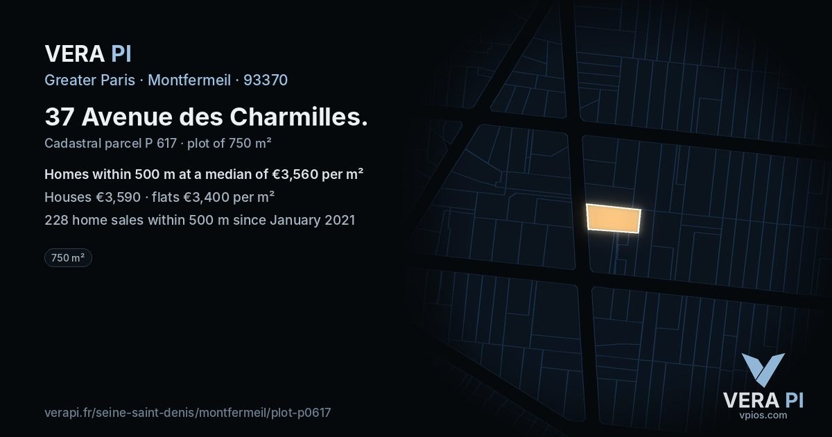 37 Avenue des Charmilles, Montfermeil at night – the plot lit, the parcels around coloured by the prices near them