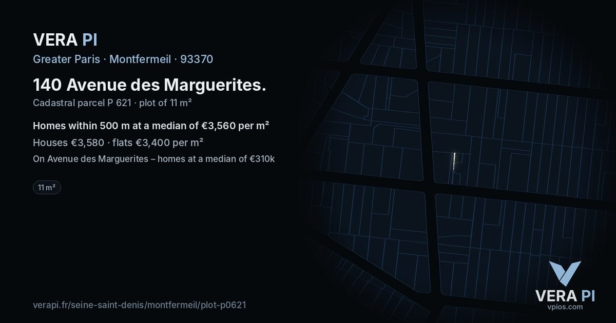 140 Avenue des Marguerites, Montfermeil at night – the plot lit, the parcels around coloured by the prices near them