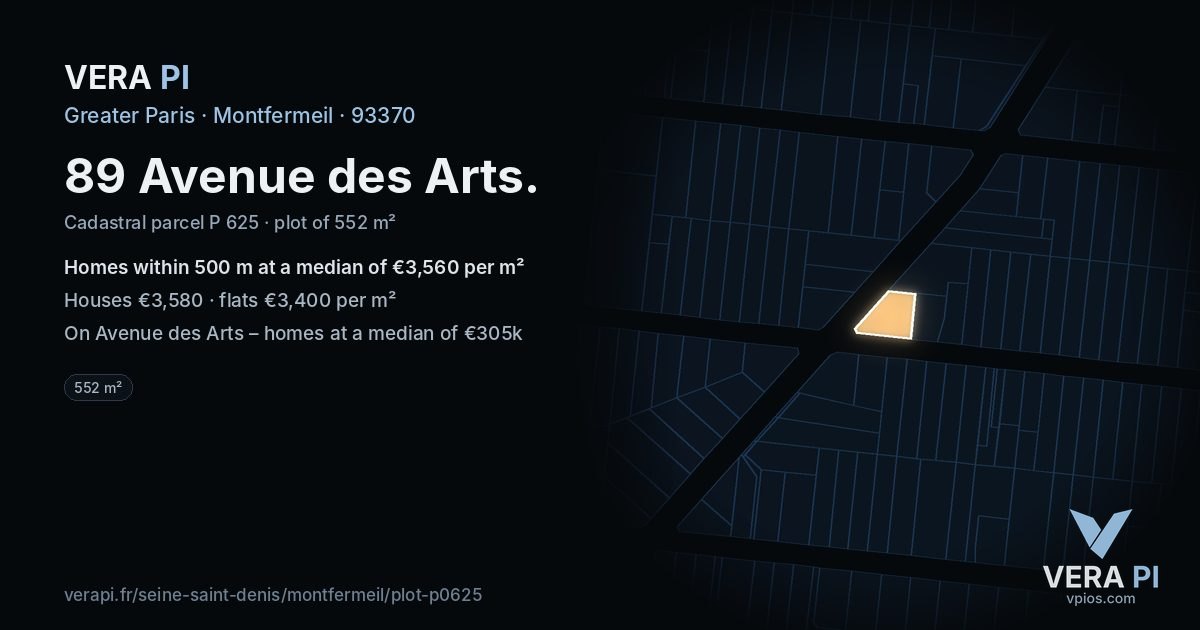 89 Avenue des Arts, Montfermeil at night – the plot lit, the parcels around coloured by the prices near them