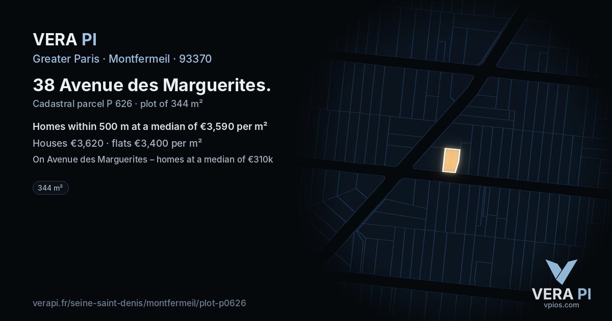 38 Avenue des Marguerites, Montfermeil at night – the plot lit, the parcels around coloured by the prices near them