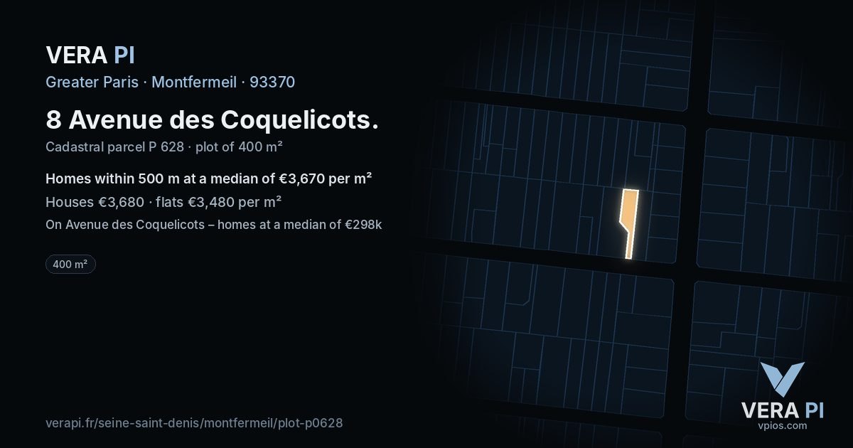8 Avenue des Coquelicots, Montfermeil at night – the plot lit, the parcels around coloured by the prices near them