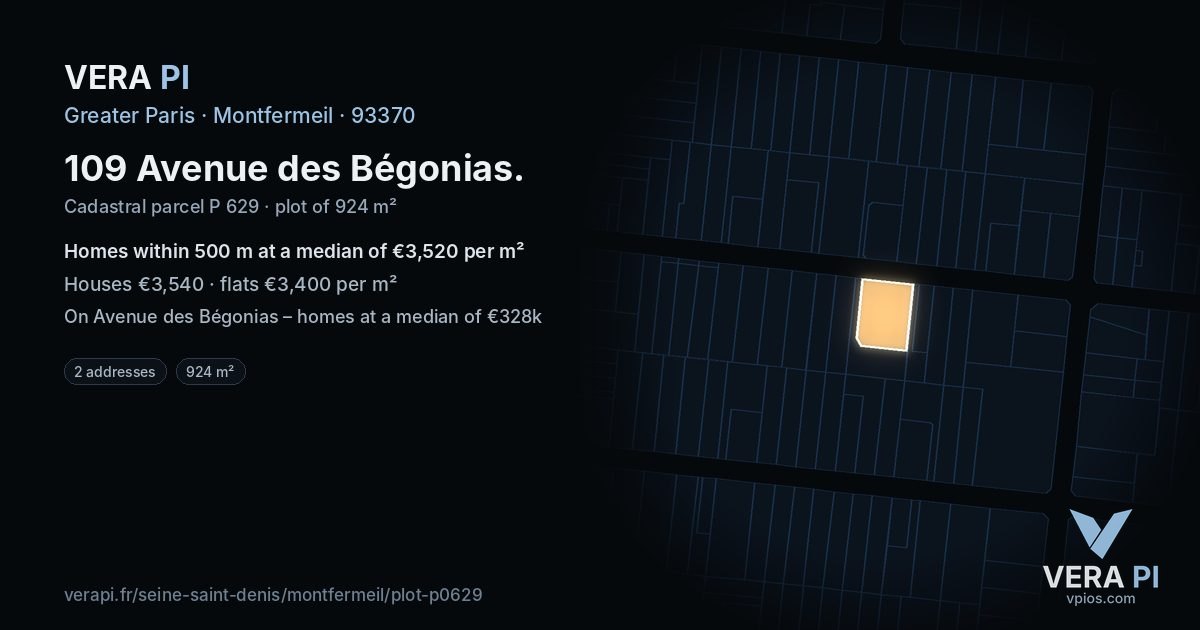 109 Avenue des Bégonias, Montfermeil at night – the plot lit, the parcels around coloured by the prices near them