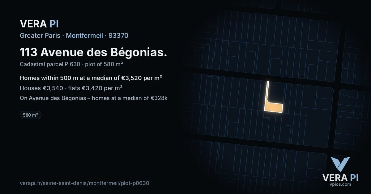 113 Avenue des Bégonias, Montfermeil at night – the plot lit, the parcels around coloured by the prices near them