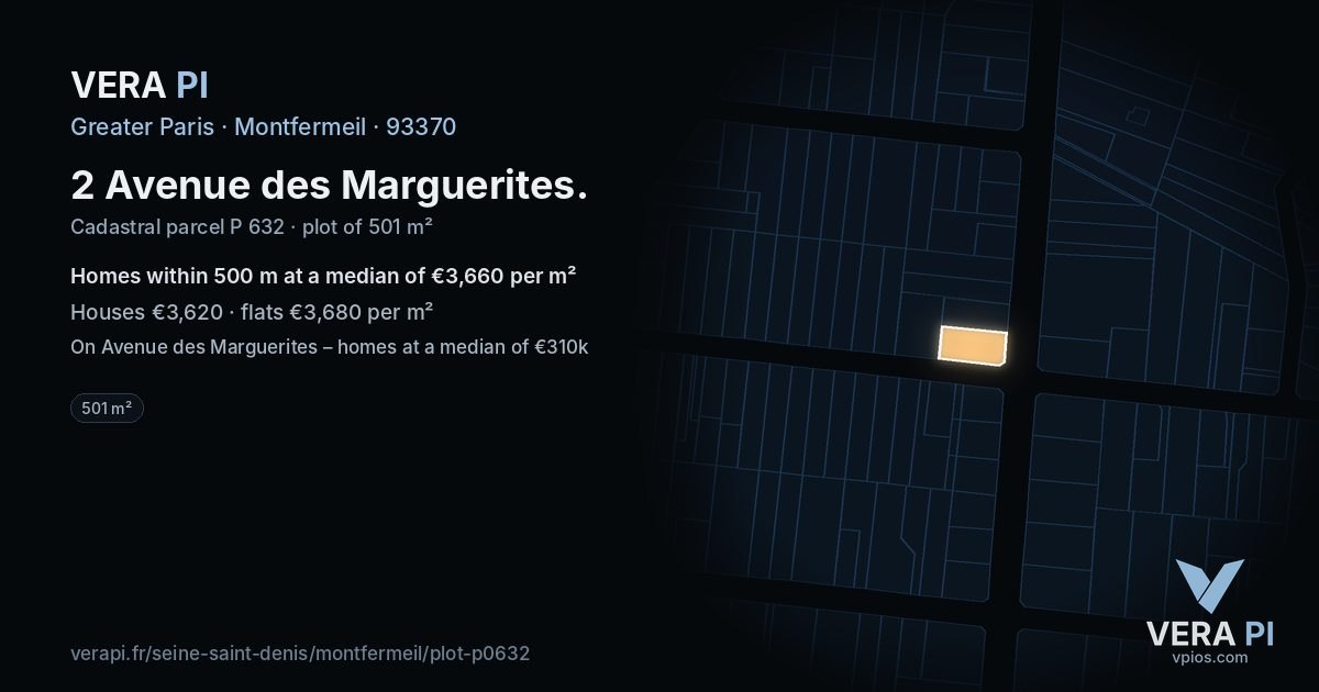 2 Avenue des Marguerites, Montfermeil at night – the plot lit, the parcels around coloured by the prices near them