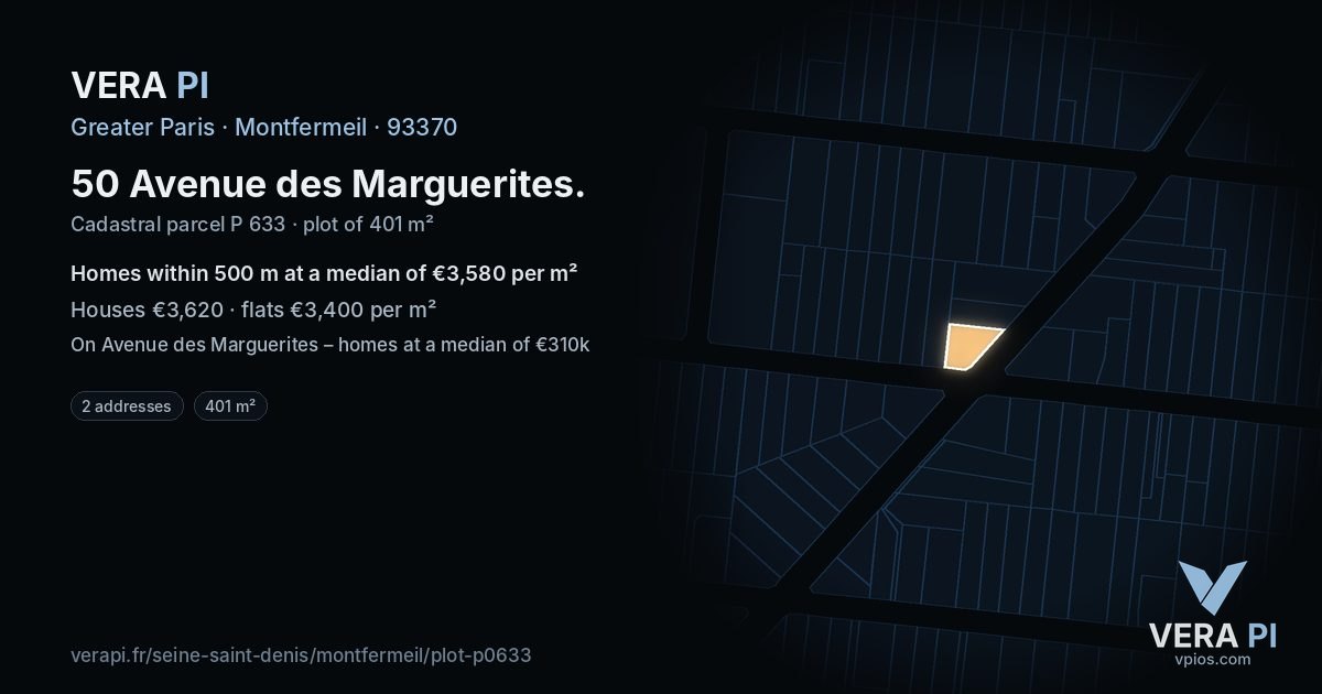 50 Avenue des Marguerites, Montfermeil at night – the plot lit, the parcels around coloured by the prices near them