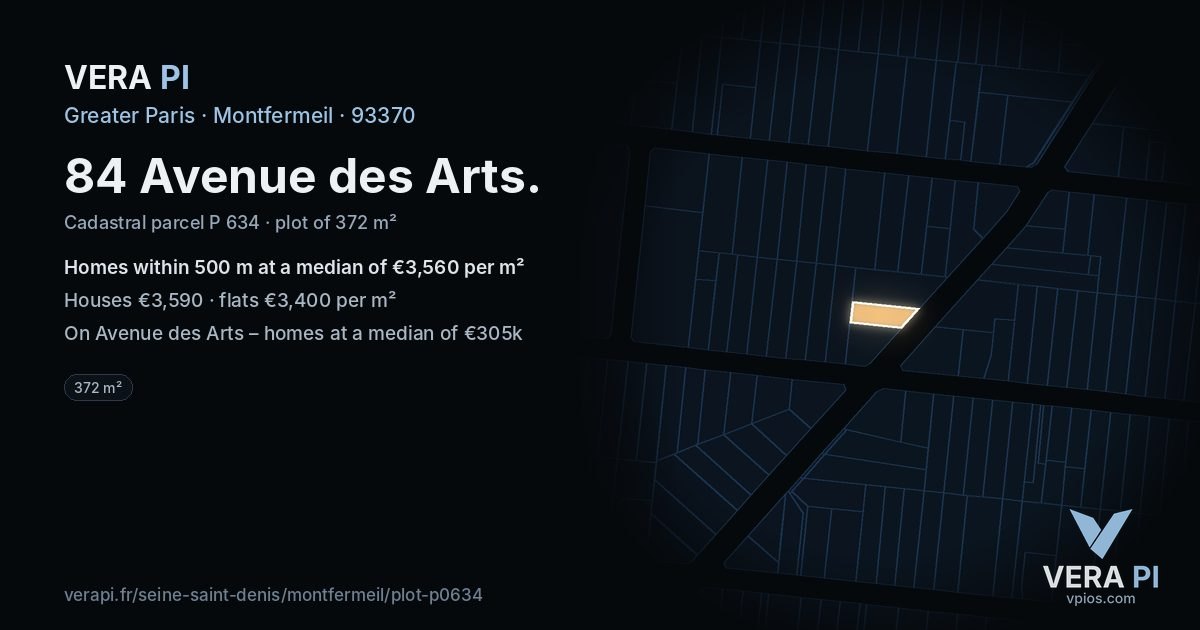 84 Avenue des Arts, Montfermeil at night – the plot lit, the parcels around coloured by the prices near them