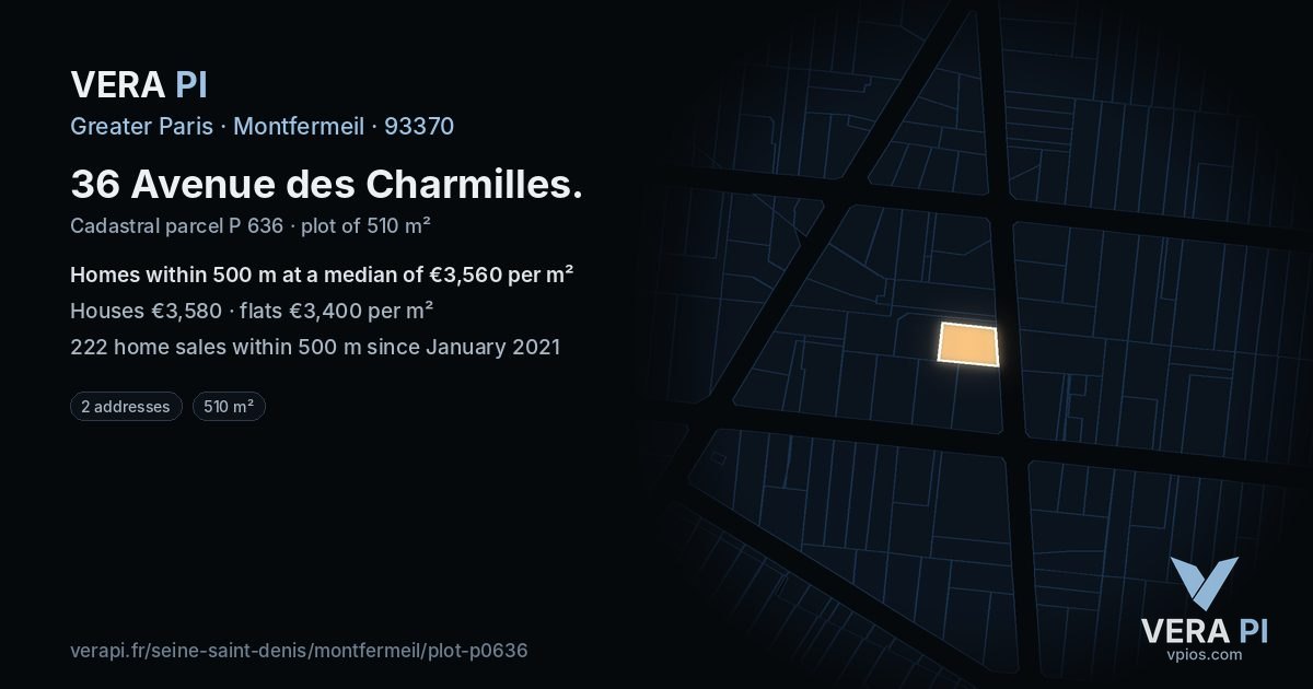 36 Avenue des Charmilles, Montfermeil at night – the plot lit, the parcels around coloured by the prices near them
