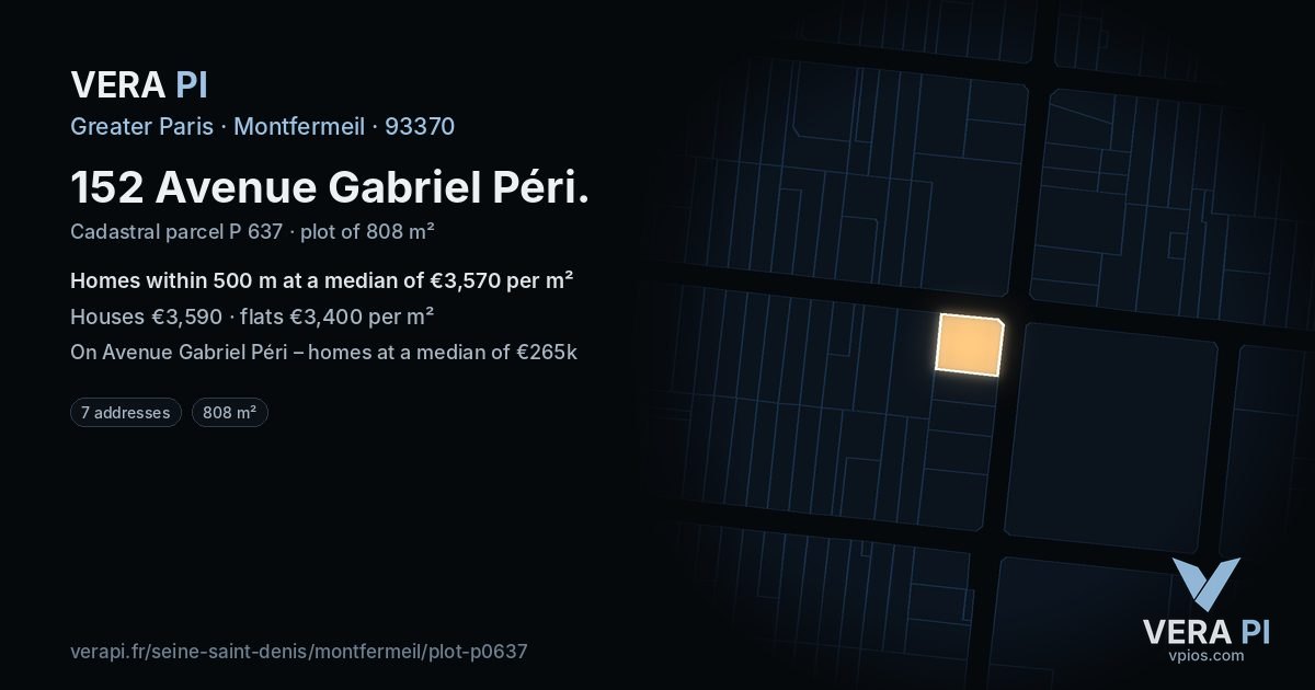 152 Avenue Gabriel Péri, Montfermeil at night – the plot lit, the parcels around coloured by the prices near them