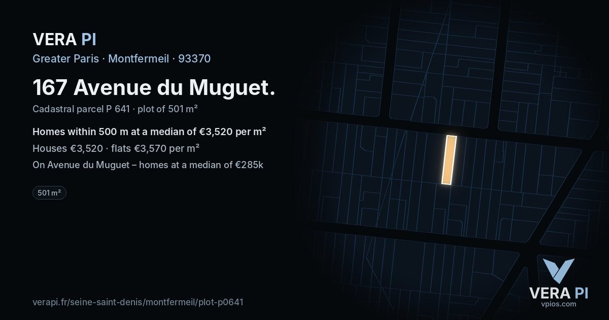 167 Avenue du Muguet, Montfermeil at night – the plot lit, the parcels around coloured by the prices near them