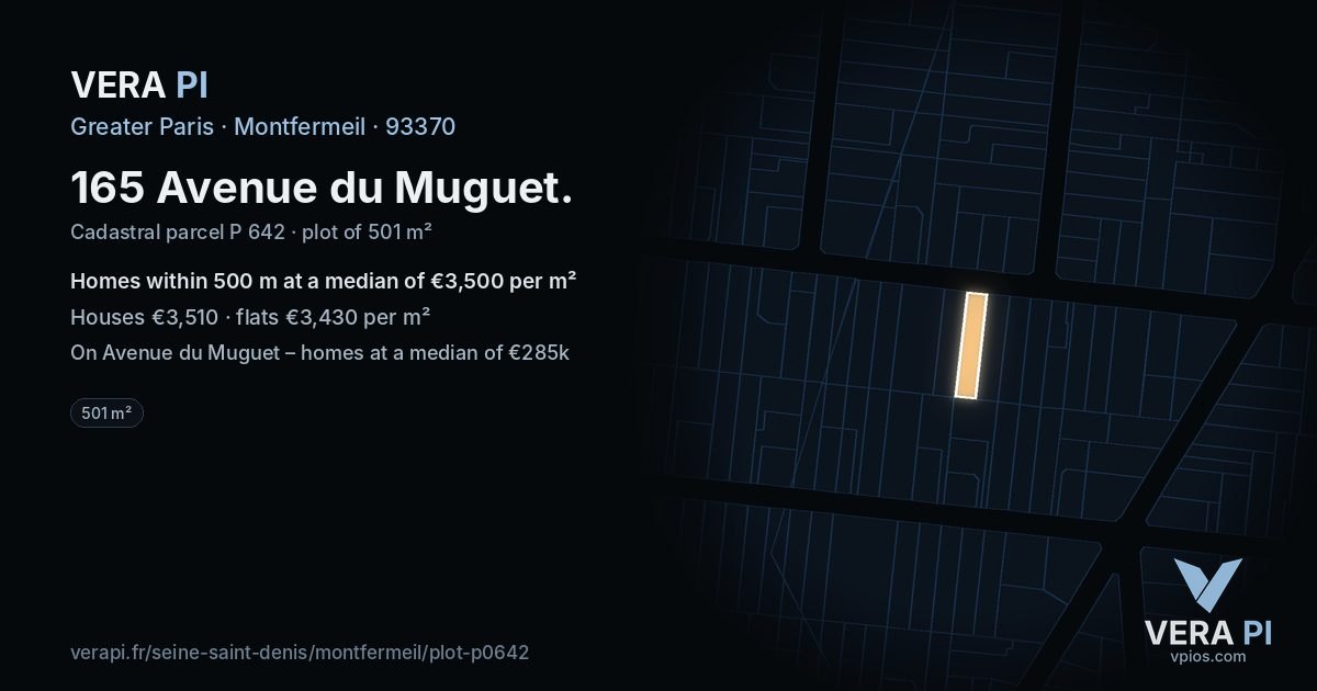 165 Avenue du Muguet, Montfermeil at night – the plot lit, the parcels around coloured by the prices near them
