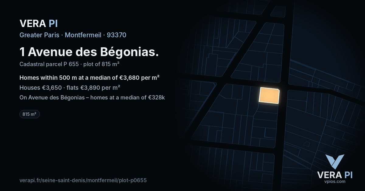 1 Avenue des Bégonias, Montfermeil at night – the plot lit, the parcels around coloured by the prices near them