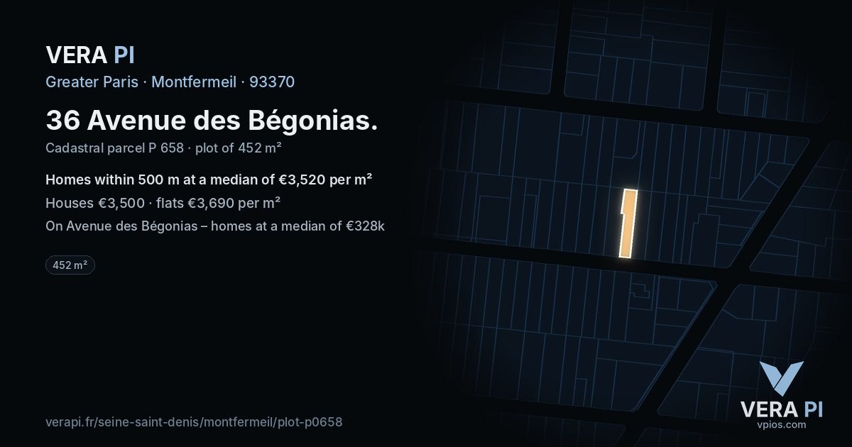 36 Avenue des Bégonias, Montfermeil at night – the plot lit, the parcels around coloured by the prices near them