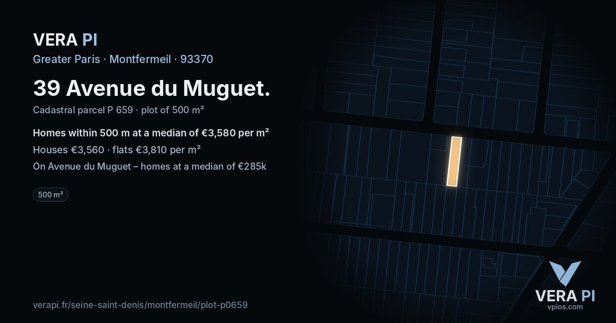 39 Avenue du Muguet, Montfermeil at night – the plot lit, the parcels around coloured by the prices near them