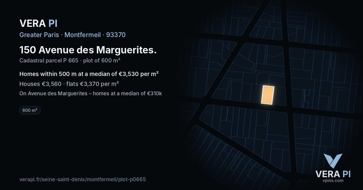 150 Avenue des Marguerites, Montfermeil at night – the plot lit, the parcels around coloured by the prices near them