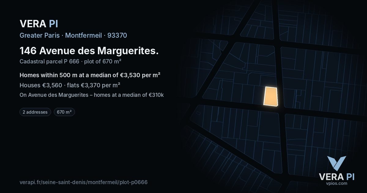 146 Avenue des Marguerites, Montfermeil at night – the plot lit, the parcels around coloured by the prices near them