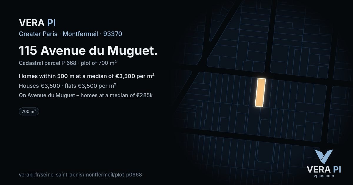 115 Avenue du Muguet, Montfermeil at night – the plot lit, the parcels around coloured by the prices near them