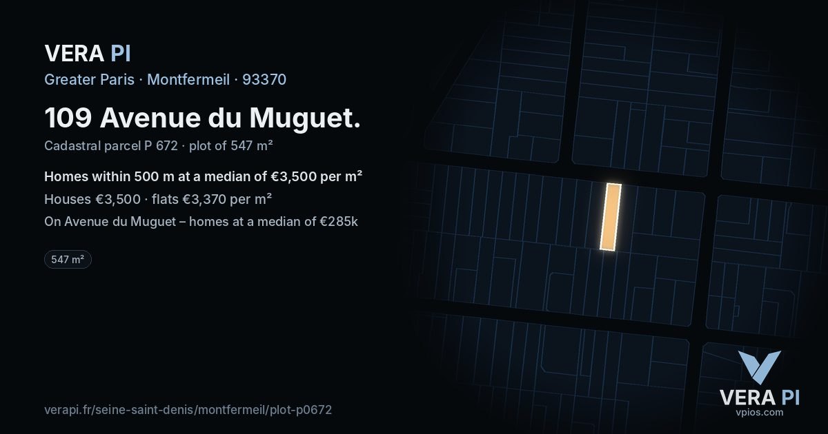 109 Avenue du Muguet, Montfermeil at night – the plot lit, the parcels around coloured by the prices near them