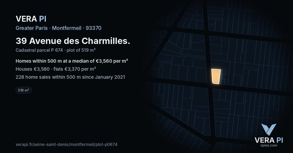 39 Avenue des Charmilles, Montfermeil at night – the plot lit, the parcels around coloured by the prices near them