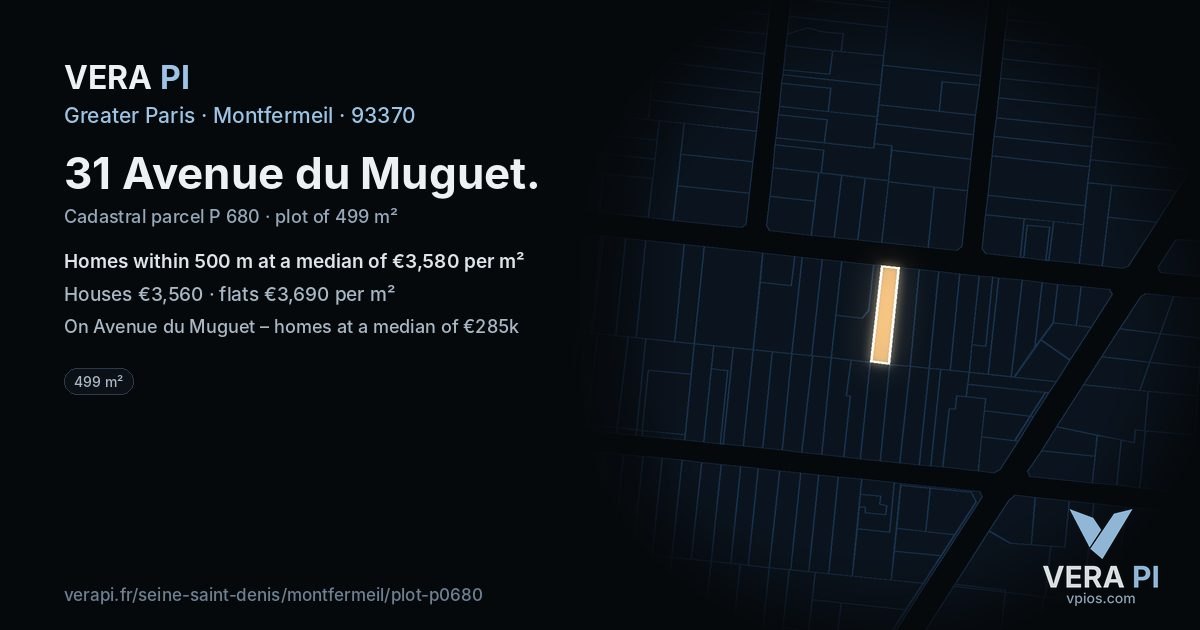 31 Avenue du Muguet, Montfermeil at night – the plot lit, the parcels around coloured by the prices near them