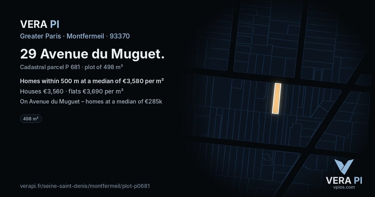 29 Avenue du Muguet, Montfermeil at night – the plot lit, the parcels around coloured by the prices near them