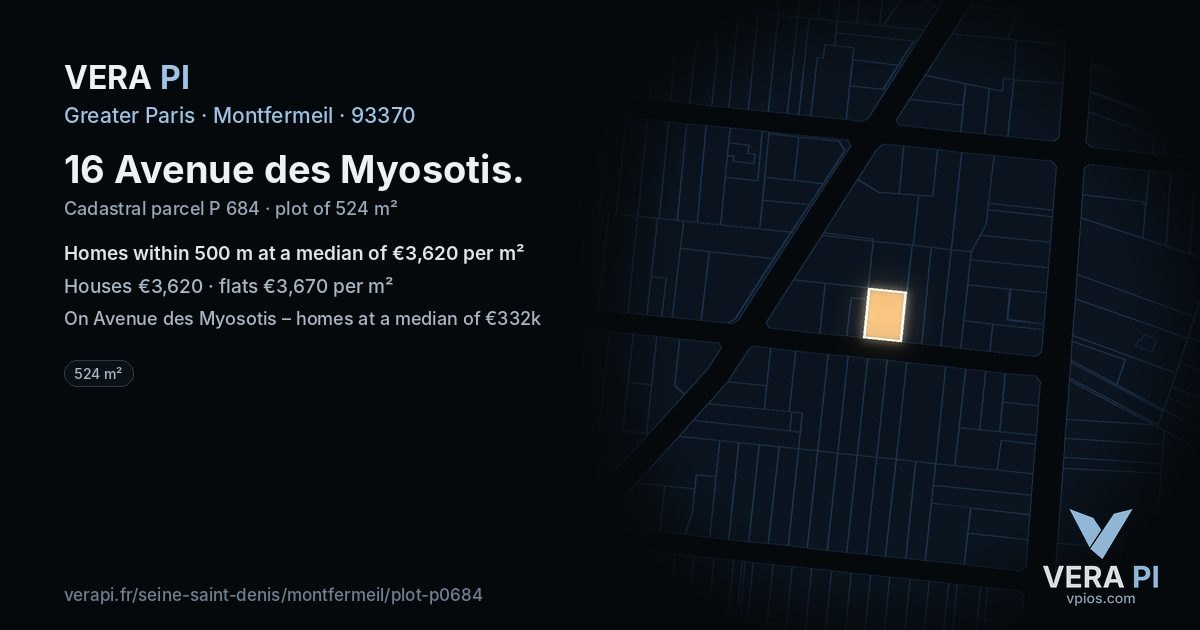 16 Avenue des Myosotis, Montfermeil at night – the plot lit, the parcels around coloured by the prices near them