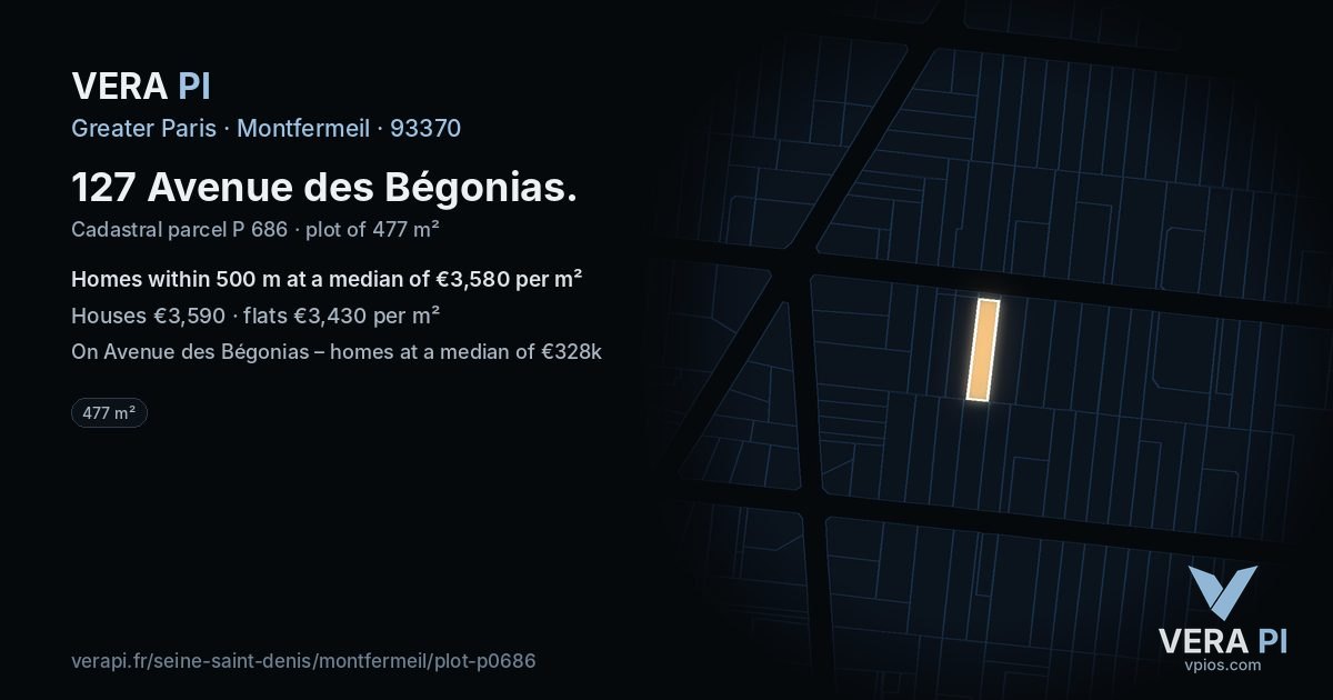 127 Avenue des Bégonias, Montfermeil at night – the plot lit, the parcels around coloured by the prices near them