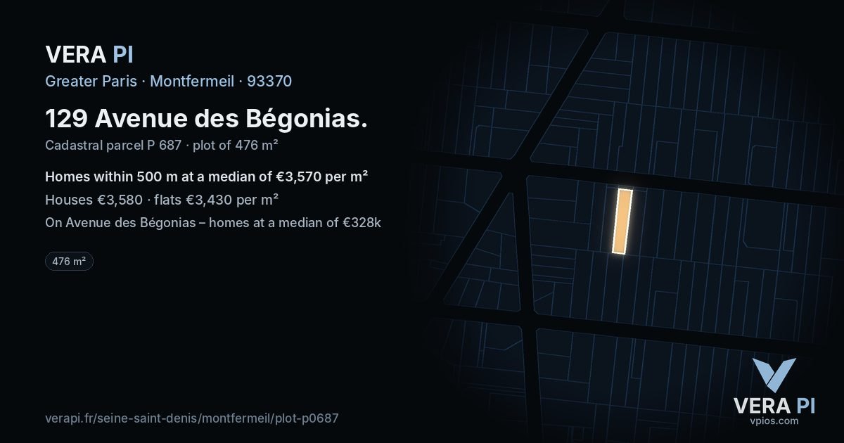 129 Avenue des Bégonias, Montfermeil at night – the plot lit, the parcels around coloured by the prices near them