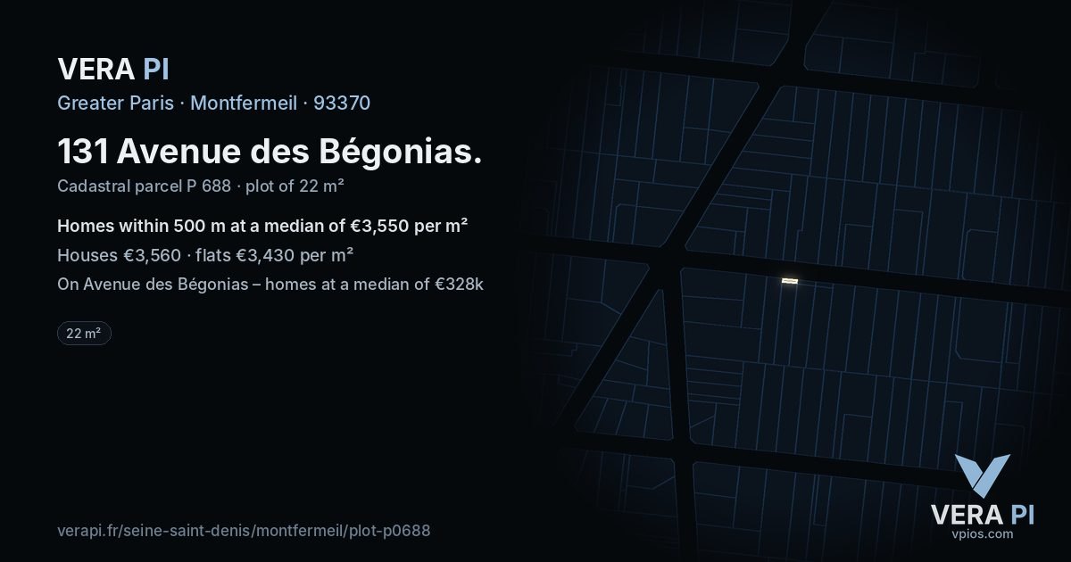 131 Avenue des Bégonias, Montfermeil at night – the plot lit, the parcels around coloured by the prices near them