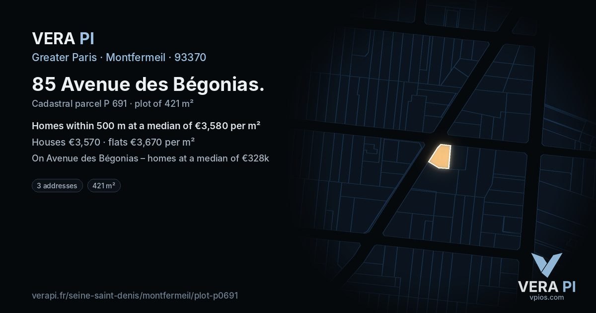 85 Avenue des Bégonias, Montfermeil at night – the plot lit, the parcels around coloured by the prices near them