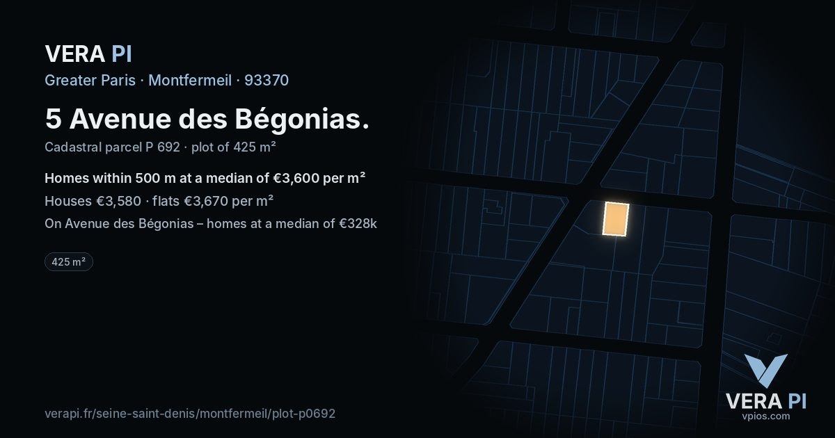 5 Avenue des Bégonias, Montfermeil at night – the plot lit, the parcels around coloured by the prices near them