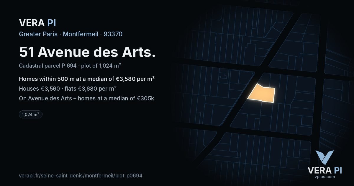 51 Avenue des Arts, Montfermeil at night – the plot lit, the parcels around coloured by the prices near them