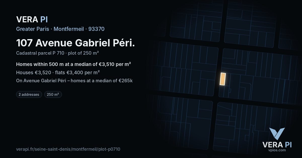 107 Avenue Gabriel Péri, Montfermeil at night – the plot lit, the parcels around coloured by the prices near them