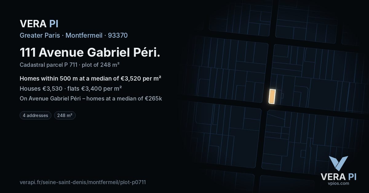 111 Avenue Gabriel Péri, Montfermeil at night – the plot lit, the parcels around coloured by the prices near them