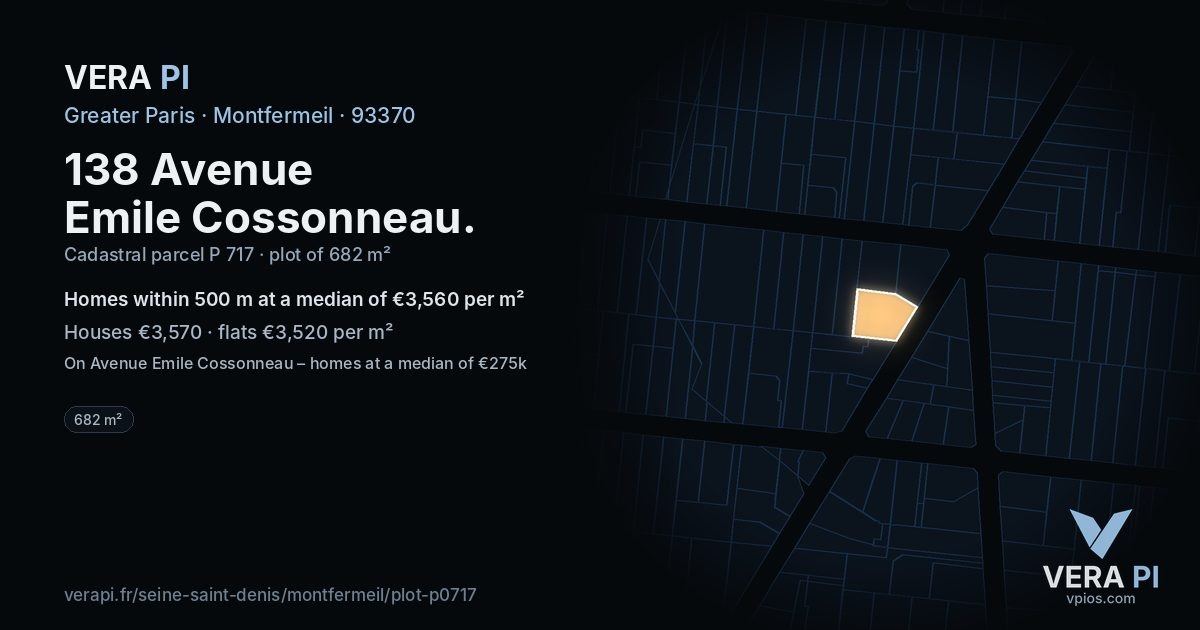 138 Avenue Emile Cossonneau, Montfermeil at night – the plot lit, the parcels around coloured by the prices near them