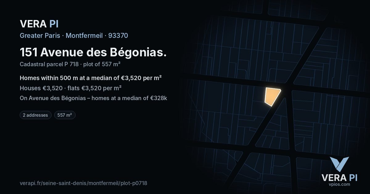 151 Avenue des Bégonias, Montfermeil at night – the plot lit, the parcels around coloured by the prices near them