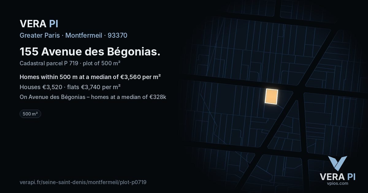 155 Avenue des Bégonias, Montfermeil at night – the plot lit, the parcels around coloured by the prices near them