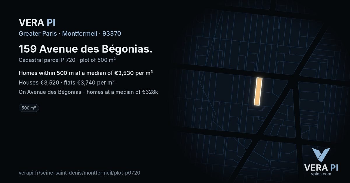 159 Avenue des Bégonias, Montfermeil at night – the plot lit, the parcels around coloured by the prices near them