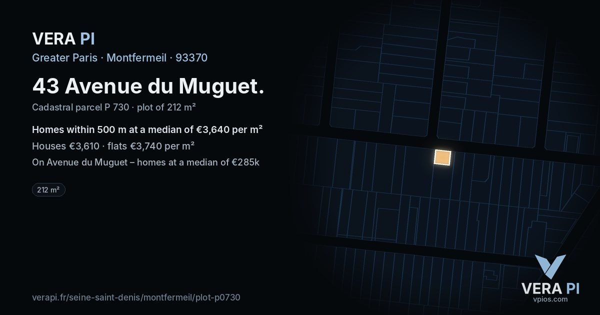 43 Avenue du Muguet, Montfermeil at night – the plot lit, the parcels around coloured by the prices near them