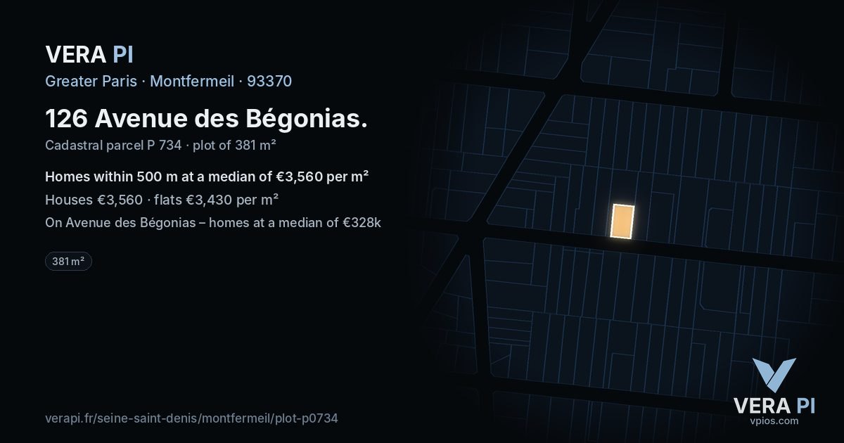126 Avenue des Bégonias, Montfermeil at night – the plot lit, the parcels around coloured by the prices near them