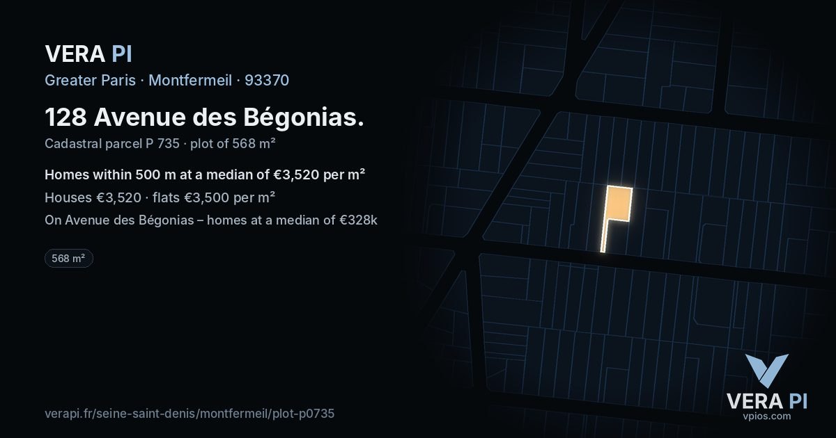 128 Avenue des Bégonias, Montfermeil at night – the plot lit, the parcels around coloured by the prices near them