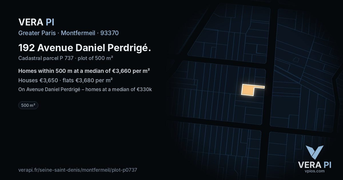 192 Avenue Daniel Perdrigé, Montfermeil at night – the plot lit, the parcels around coloured by the prices near them
