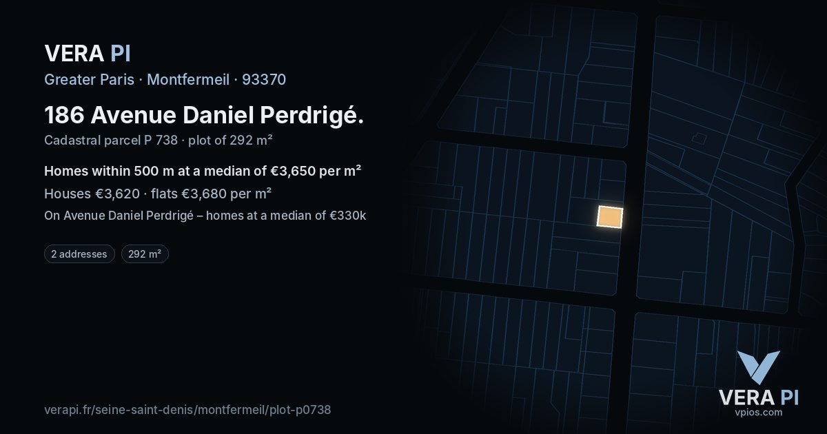 186 Avenue Daniel Perdrigé, Montfermeil at night – the plot lit, the parcels around coloured by the prices near them
