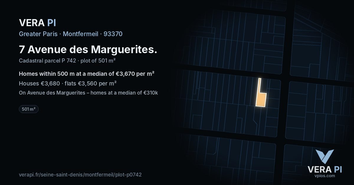 7 Avenue des Marguerites, Montfermeil at night – the plot lit, the parcels around coloured by the prices near them