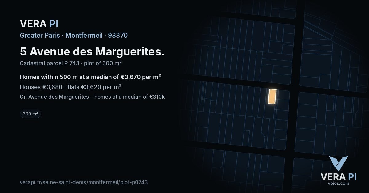 5 Avenue des Marguerites, Montfermeil at night – the plot lit, the parcels around coloured by the prices near them