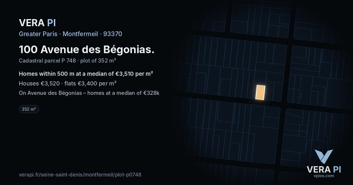 100 Avenue des Bégonias, Montfermeil at night – the plot lit, the parcels around coloured by the prices near them