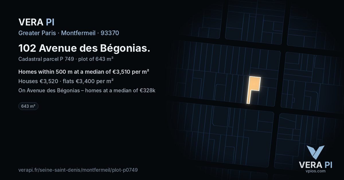 102 Avenue des Bégonias, Montfermeil at night – the plot lit, the parcels around coloured by the prices near them
