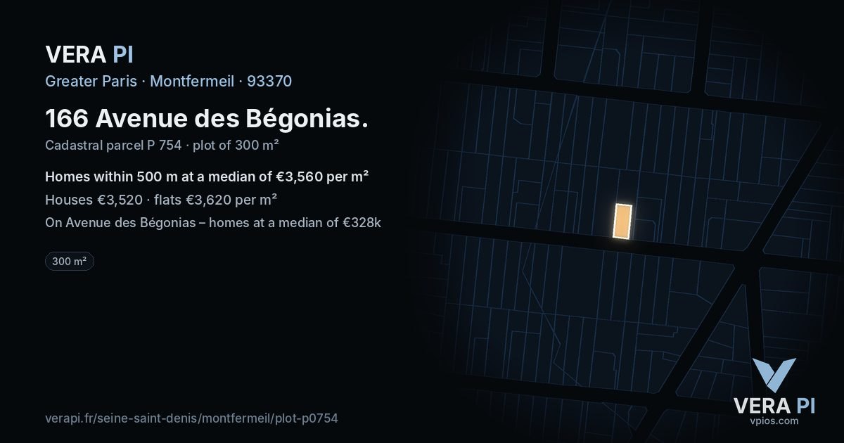 166 Avenue des Bégonias, Montfermeil at night – the plot lit, the parcels around coloured by the prices near them
