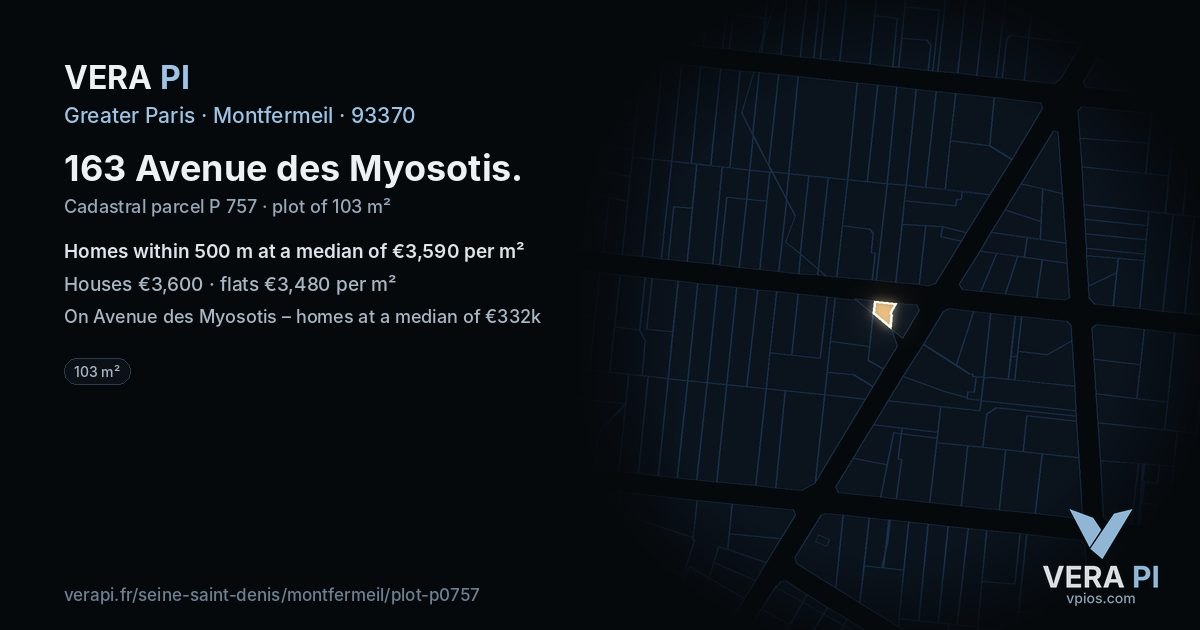 163 Avenue des Myosotis, Montfermeil at night – the plot lit, the parcels around coloured by the prices near them