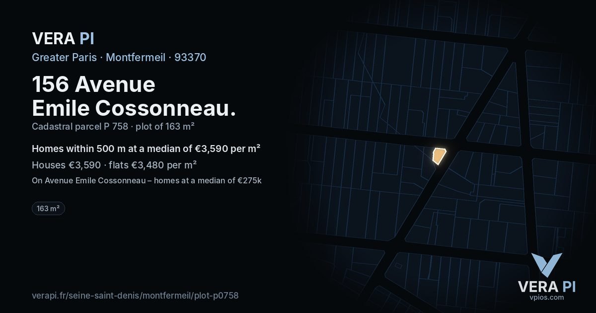 156 Avenue Emile Cossonneau, Montfermeil at night – the plot lit, the parcels around coloured by the prices near them